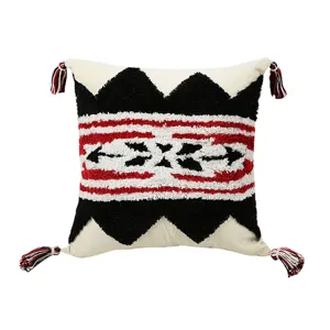 Boho geometric tufted throw pillow cover with corner tassels, modern sofa decorative cushion.
