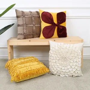 Modern 3D floral decorative throw pillow cover, tassel patch sofa cushion for home decor.