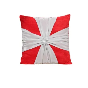 Red decorative cushion cover with 3D silver ribbon bow and flower knot for modern sofa decor.