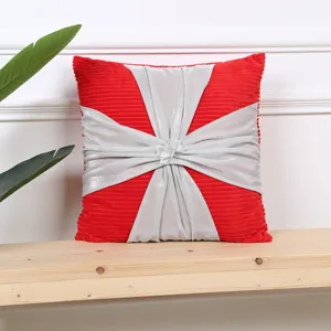 Modern red corduroy throw pillow cover with silver ribbon bow and 3D flower decor.
