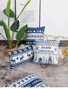 Christmas printed throw pillow cover Nordic blue and white home decor cushion case