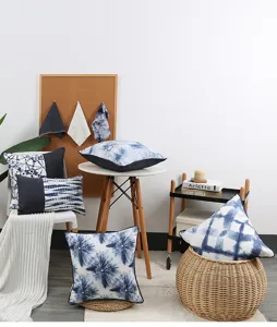Blue and white tie-dye throw pillow cover, linen digital printing cushion for home decor.