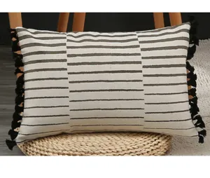 Modern minimalist stripe tassel lumbar pillow cover, chic decorative couch throw cushion.