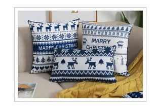 Christmas deer printed throw pillow Nordic blue white cotton linen decorative cushion cover