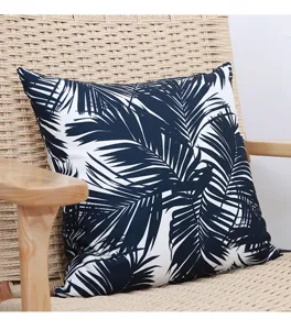 Black and white palm leaf throw pillow cover, cotton linen square cushion for sofa office decor