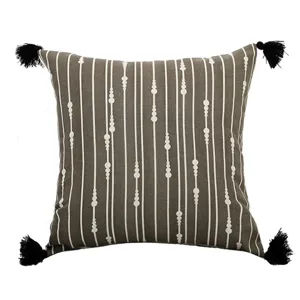 Farmhouse decorative cushion cover with black tassels and modern minimalist vertical stripe print.