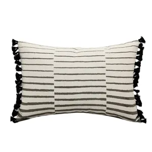 Modern farmhouse striped throw pillow cover with black tassels, elegant sofa lumbar cushion.