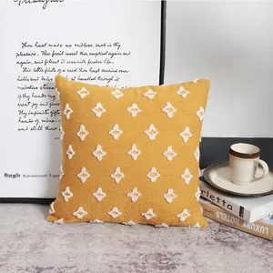 Gelber getufteter Kissenbezug mit weißem Blumenmuster für Wohnzimmer Sofa Bett Deko 1Stk
