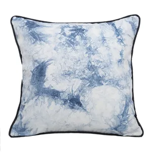 Blue and white tie-dye throw pillow cover square linen cushion cover for home decor.