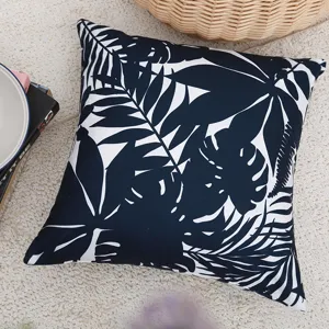 Cotton linen throw pillow cover with green plant leaves black and white print for sofa decor