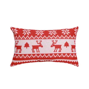 Christmas red and white knitted pillow cover with reindeer snowflake pattern for home decor