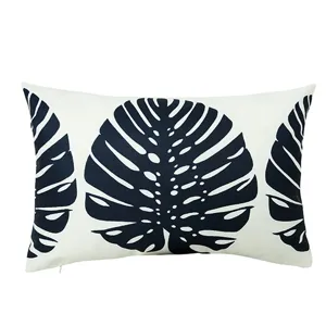 Cotton linen green plant throw pillow cover, modern black and white monstera leaf cushion.