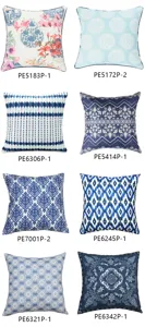 Set von 8 dekorativen Kissenbezügen mit blau-weißen Porzellan- und geometrischen Mustern.