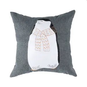Nordic minimalist embroidered throw pillow cover with cute penguin design for home sofa decor.