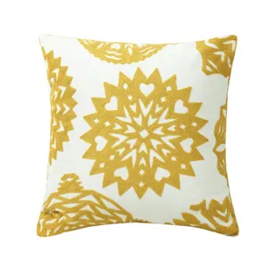 White throw pillow cover with yellow embroidered mandala geometric pattern for home sofa bedroom