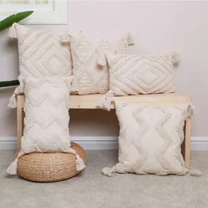 Boho Tufted Throw Pillow Cover Cotton Linen Geometric Patterned Pillowcase With Tassels For Sofa Bed Living Room Home Decor