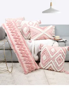 Bohemian pink tufted throw pillow cover geometric tassel cushion case for sofa home decor