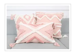 Detailed view of Bohemian tufted throw pillow cover with geometric pattern and cute tassels.