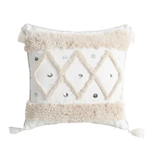 European Style Tufted Cotton Linen Throw Pillow Cover Geometric Tassels Decorative Cushion Case For Sofa Bed