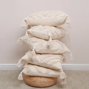 Boho tufted throw pillow cover with tassels neutral decorative cushion case for living room