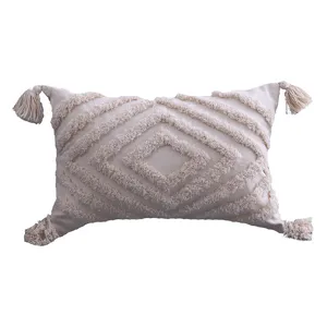 Bohemian tufted pillow cover with tassels, beige farmhouse decorative throw pillow case.