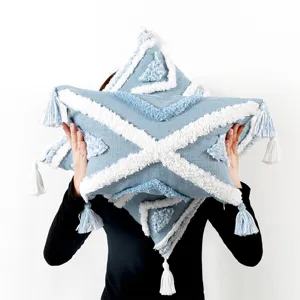 Cuscino Stella Geometrico Boho Blu Federa Decorativa con Nappe per Divano e Soggiorno