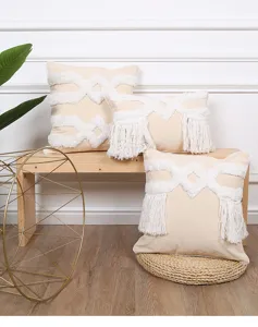 Moroccan tufted throw pillow cover with fringe and geometric pattern for home sofa decor detail