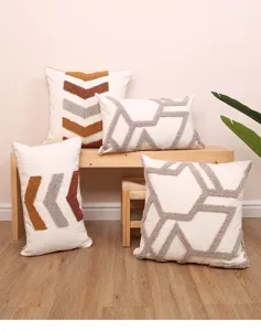 Tufted throw pillow covers with geometric chevron patterns, boho decorative cushion cases for home sofa.