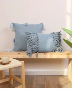 Blauw getuft kussen detail, decoratief franje tassel kussen voor bank slaapkamer woonkamer decor