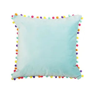 Velvet square pillow with colorful pom pom trim Nordic solid color cushion for sofa room