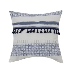 Blue and white porcelain geometric jacquard tassel throw pillow cover for living room sofa