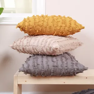 Set of 3 decorative throw pillow covers with textured tassel stripes for sofa bed home decor.