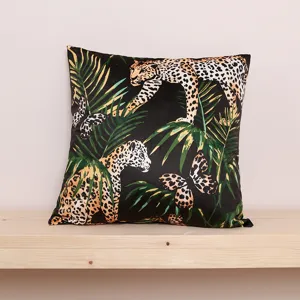 Tropical jungle leopard printed throw pillow cover for sofa and living room decor.