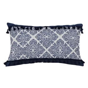 Blue and white geometric jacquard tassel throw pillow cover for modern living room sofa decor.