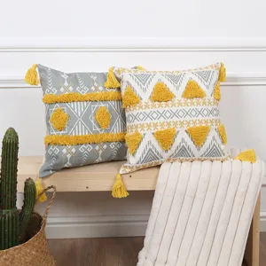 Bohemian Geometric Tufted Throw Pillow Cover With Tassels Polyester Decorative Cushion Case For Sofa Home Decor