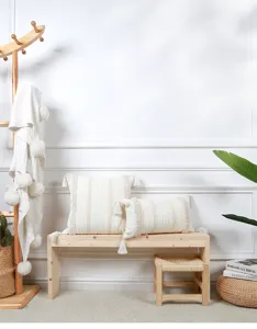 Tufted throw pillow cover with tassels off-white striped cushion case for sofa home decor.