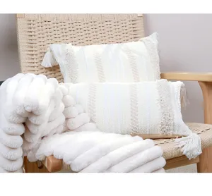 Geometric tufted throw pillow cover with tassels off white striped cushion case home sofa decor