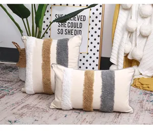 Moroccan style tufted decorative pillow detail, 3D striped cushion cover for cozy sofa decor.