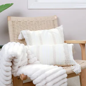 Geometric tufted throw pillow cover with tassels off white striped sofa cushion decor