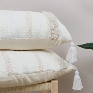 Beige boho geometric tufted throw pillow with tassels for home living room sofa decor