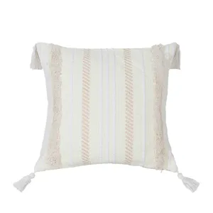Bohemian tufted throw pillow cover beige striped cushion case with corner tassels sofa decor