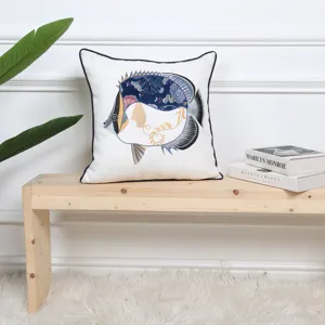 Cojín Decorativo con Bordado de Peces de Animales Marinos Estilo Dibujos Animados para Sala de Estar y Habitación Infantil