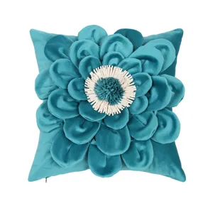 Blue 3D flower throw pillow cover, luxury velvet cushion cover for sofa home decor bedroom