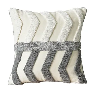 Modern geometric tufted throw pillow cover, textured chevron cushion case for living room.