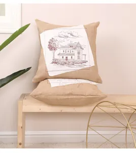 Housse de coussin brodée en toile de jute, coussin de canapé style américain déco.