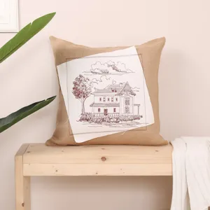 Housse de Coussin en Coton et Lin Style Campagnard Américain Rétro Broderie Motif Cerf et Maison Housse de Coussin Décorative Pour Canapé