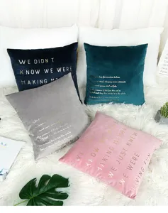 Velvet throw pillow cover with gold foil lettering, soft modern decorative cushion case for sofa.
