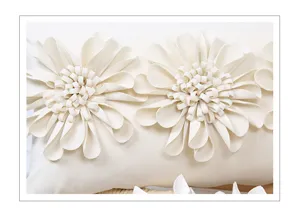 White 3D floral throw pillow cover, velvet aesthetic cushion detail view for living room.