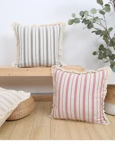 Nordic minimalist striped throw pillow cover with fringe geometric jacquard design for sofa decor