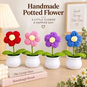 Handmade Knitted Puff Flower Potted Plant Small Crochet Rose Desktop Ornament For Home Office Decor Gift